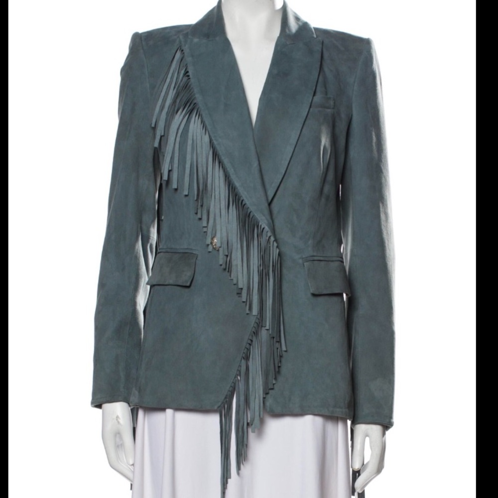 SOLD Veronica Beard XS Leather Suede Fringe Dickey Jacket Blazer Coat Green Grey - Picture 5 of 14